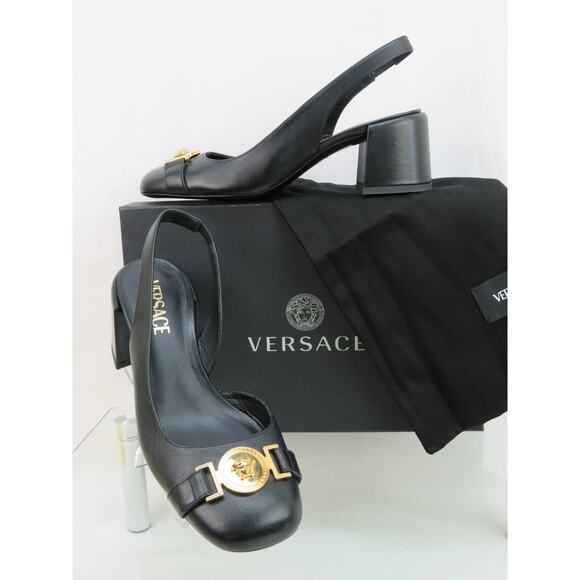 Versace Shoes - NIB VERSACE BLACK LEATHER GOLD MEDUSA LOGO SANDALS LOW HEEL PUMPS 39 9